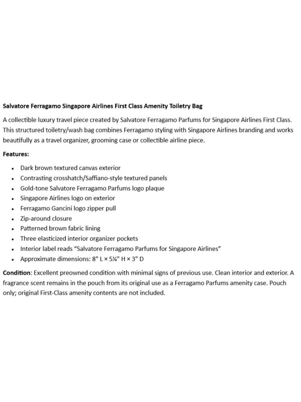 Salvatore Ferragamo Singapore Airlines First Class Amenity Toiletry Bag - Picture 2 of 11